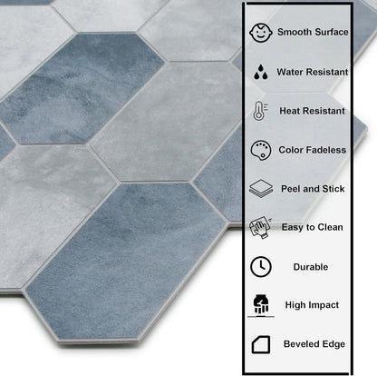 The Tiles Plaza 10-Sheet Peel and Stick Backsplash, Blue Cement Long Hexagon Self Adhesive Wall Tile, Stone Composite Stick On Decorative Mosaic Tile for Kitchen Bathroom Fireplace