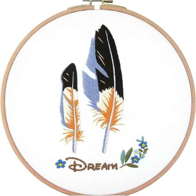 Act Iron Embroidery Starter Kit Stamped with Pattern Feather Dream with Base and Hoops Cloth Color Threads DIY Cross Stitch Needlework Home Decor Crafts for Adults