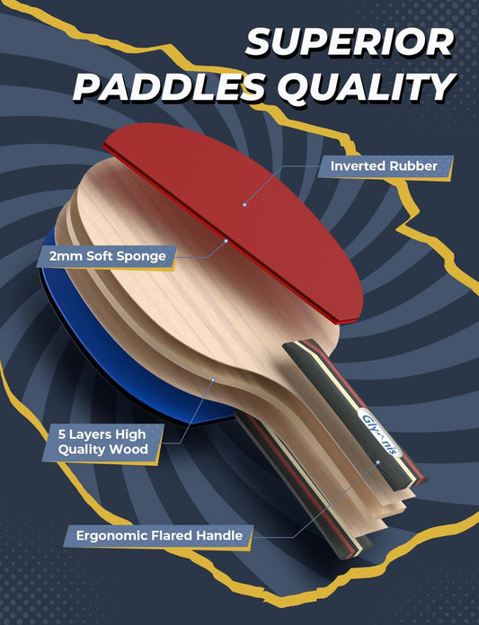 Glymnis Ping Pong Paddles Set Table Tennis Rackets with Balls, Storage Case for Indoor Outdoor Table Tennis Paddle Game Accessories