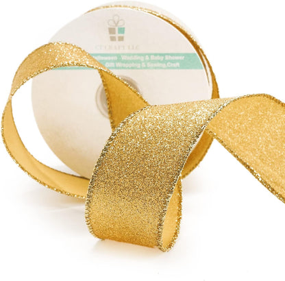 CT CRAFT LLC Glitter Wired Ribbon 1.5" x 10 Yards Yellow Gold for Christmas Home Decor Bow Gift Wrapping DIY Crafts Wreath - Crafty Corner