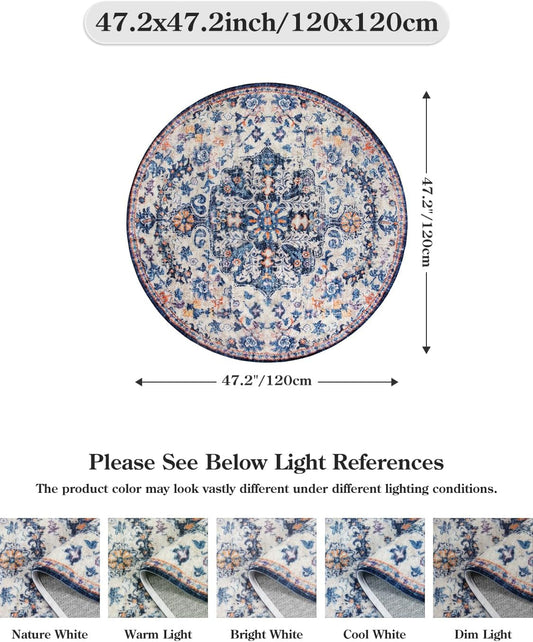 Lahome Round Rug 4ft, Washable Bathroom Rug Non Slip Entryway Circle Mat, Bohemian Vintage Non-Slip Non-Shedding Low Pile Printed Indoor Carpet for Kitchen Laundry Entryway, Blue Purple/Multi