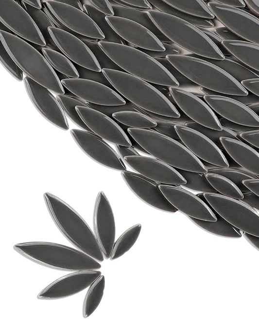 200g Ceramic Petals Bulk Mosaic Tiles for Craft, Small Oval Stepping Stone Kit, Glazed Porcelain Pieces for Coaster Tray House Number Mirror Lamp Home Decorations (Grey)