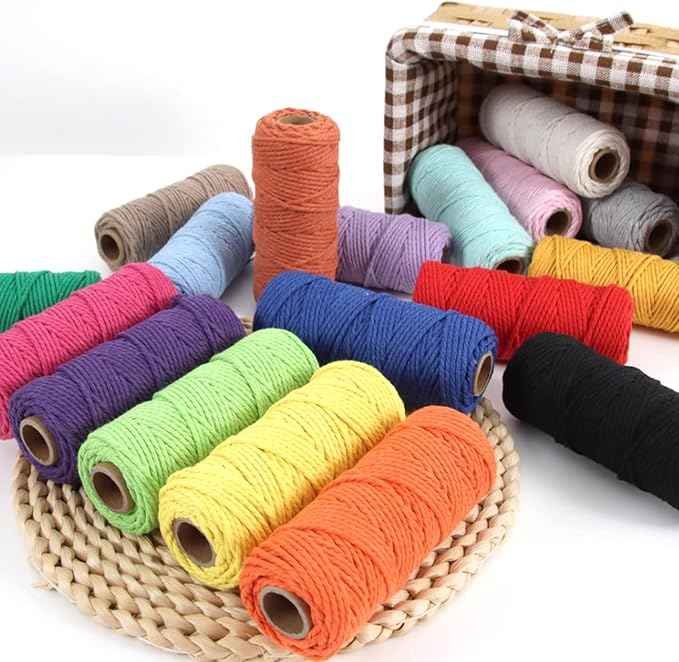 PHUNTTEK Macrame Cord 2mm x 590 Yards 18 Rolls Natural Cotton Cord 3 Stands Jute Twine String Soft Rope Assorted Colored Yarns for DIY Knitting Knotting Craft Macrame Project Supplies
