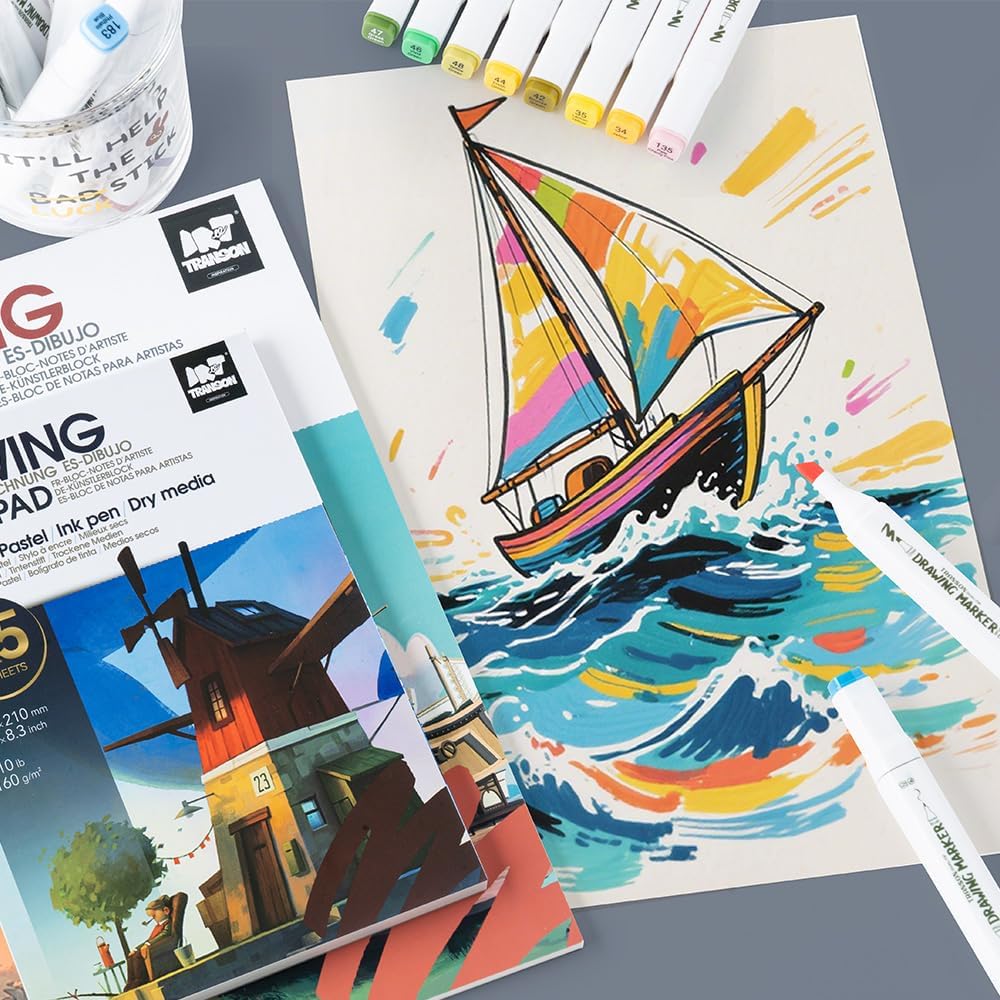 TRANSON Artist Mix Media Sketchbook Marker Pad, 5.8”x8.3” 65 Sheets A5 Art Papers, 110lb/160gsm for Painting, Drawing and Sketching - Crafty Corner