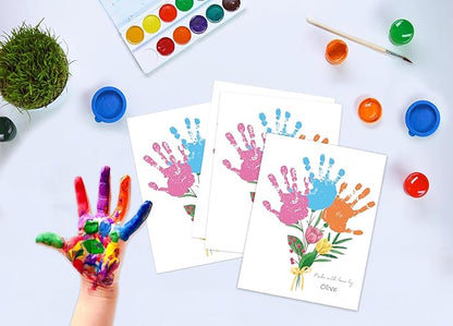 Flower Bouquet Handprint Art Craft Kit Birthday Gifts for Mom & Grandma, 10pcs DIY Baby Hand and Foot Print Greeting Cards, Mothers Day Crafts for Home Party Activities, Newborn Keepsake