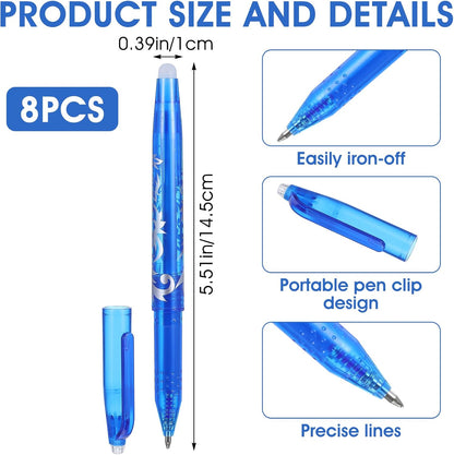 8pcs Heat Erasable Pens for Fabric, Fabric Marking Pens Fabrics Markers No Ghost Lines, Disappearing Ink for Precise Marking for Quilting Sewing Embroidery DIY Dressmaking Fabrics Tailors Chalk