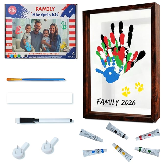 80S Family Handprint Kit, Handprint Art Craft DIY Kit, Baby Hand Print Gift for New Moms, Parents, Grandparents, 6 Safe, Non-Toxic Paints, Ideal for Mother's Day, Father's Day, Anniversary & More