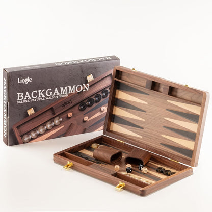 14.5” Premium Natural Walnut Folding Backgammon Sets for Adults and Kids, Including 30 Artificial Horn Checkers, 2 Walnut Dice Cups, and 5 Wooden Dice/Classic Two-Player Strategy Board