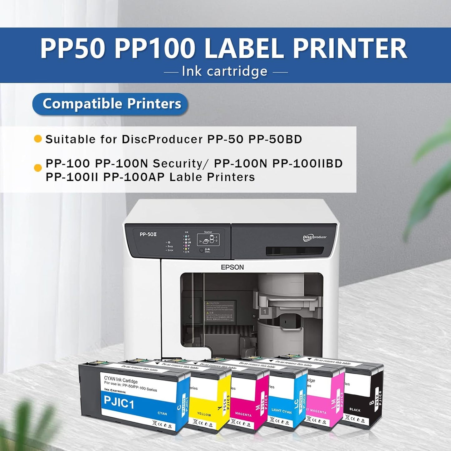 PP-50 PP-100 Ink Cartridges 6 Color Set PJIC1 PJIC2 PJIC3 PJIC4 PJIC5 PJIC6 C13S02A9991 Suitable for DiscProducer PP-50 PP-100 Printers (Black, Cyan, Magenta, Yellow, Light Cyan, Light Magenta, 6Pcs)