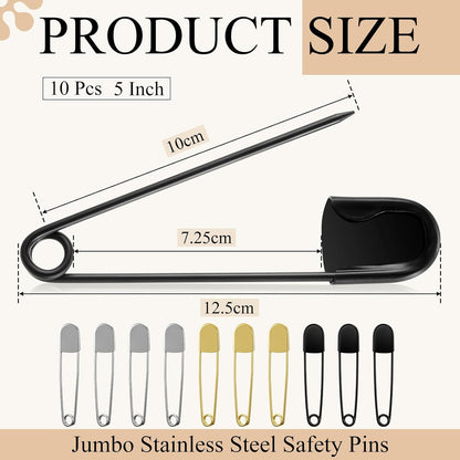 Juexica 10 Pcs 5 Inch Jumbo Stainless Steel Safety Pins Large Heavy Duty Huge Strong Laundry Pins for Upholstery Sewing Quilting Key Rings Craft Outdoor (Black,Silver,Gold)