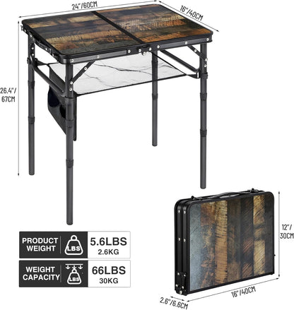 RedSwing Small Folding Table with Side Pocket Adjustable Height, Lightweight and Portable Aluminum Frame Camping Table for Outdoor Indoor Picnic, 2 Feet, Brown Wide Wood Grain