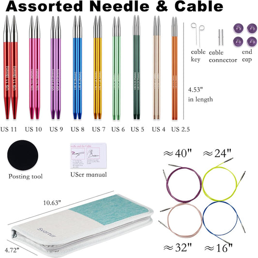 Svartur Interchangeable Circular Knitting Needles Set, with Multicolored Circular Knitting Needles and Cables, Accessories and Knitting Needle Storage Case, 9 Pairs