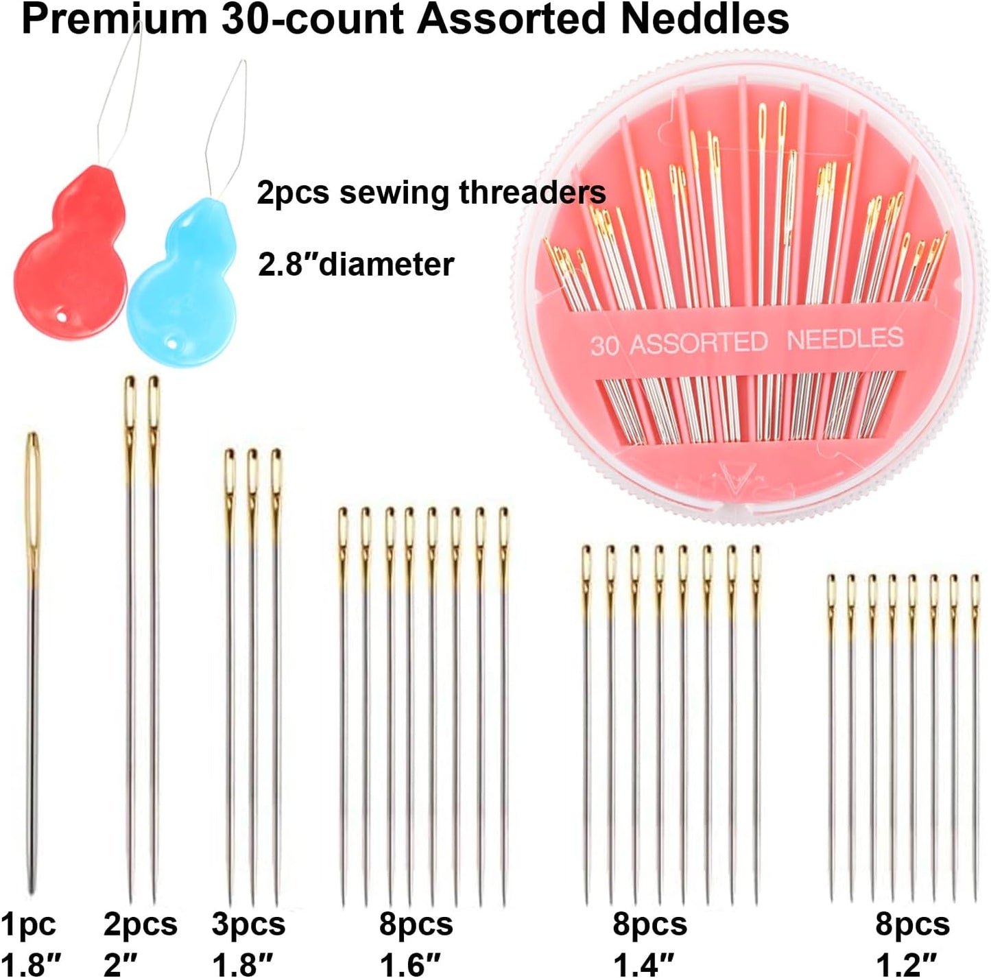 Eketirry 60pcs Premium Hand Sewing Needles，2 Pack 30-Count Assorted Needles for Sewing Repair, 6 Different Sizes Sewing Needles with 2 Threaders (Pink& Black,1)