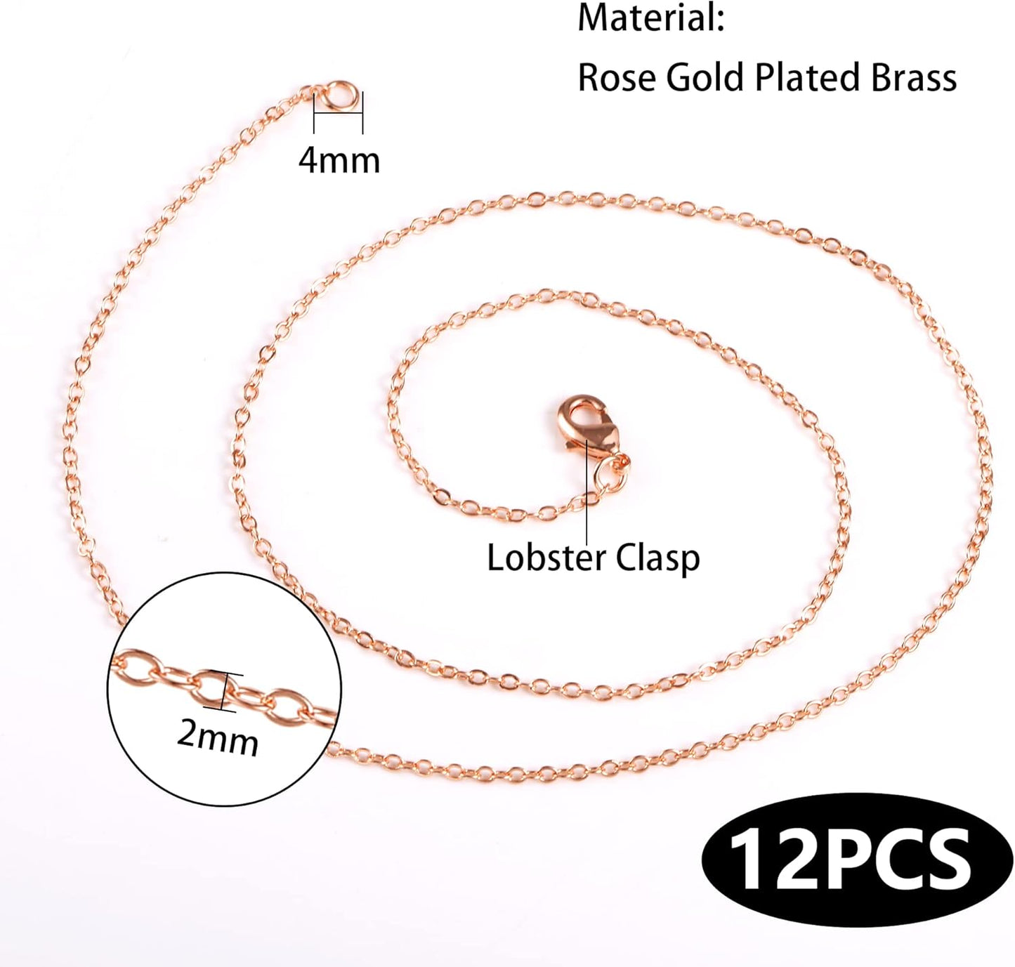 ALEXCRAFT Wholesale 12PCS Rose Gold Plated Solid Brass Chain Hypoallergenic Flat Cable Chains Link Bulk for Jewelry Making (20"(2.0MM))