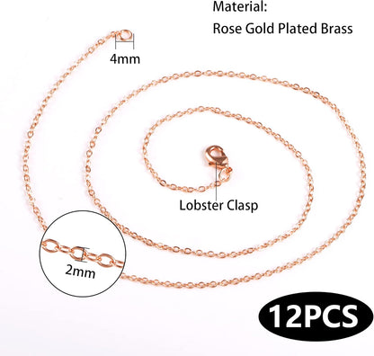 ALEXCRAFT Wholesale 12PCS Rose Gold Plated Solid Brass Chain Hypoallergenic Flat Cable Chains Link Bulk for Jewelry Making (20"(2.0MM))
