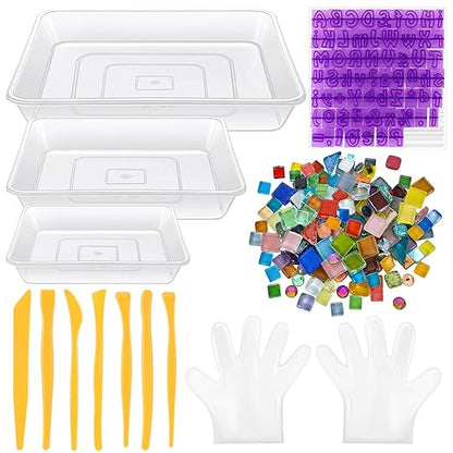 7Pcs Stepping Stone Kit Square Concrete Mold 3 Size DIY Craft Handmade Stepping Stone Garden Markers Kit Include Mosaic Tiles Carving Tools Gloves and Letter Mold