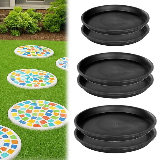 6 Pcs Stepping Stone Mold Set, Round Paver Drip Trays, Assorted Sizes, Long-Lasting Black Plastic Saucer for Succulents