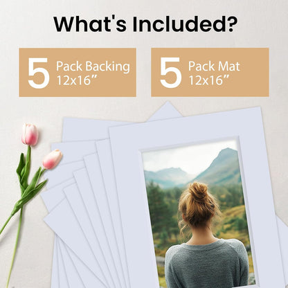 Falling in Art 5 Pack Acid Free 12x16'' White Picture Mats Board Show Kit for 8x12'' Photos, 4-Ply Beveled Pre-Cut Photo Mats with Backing Board for Frames, Artwork and Prints