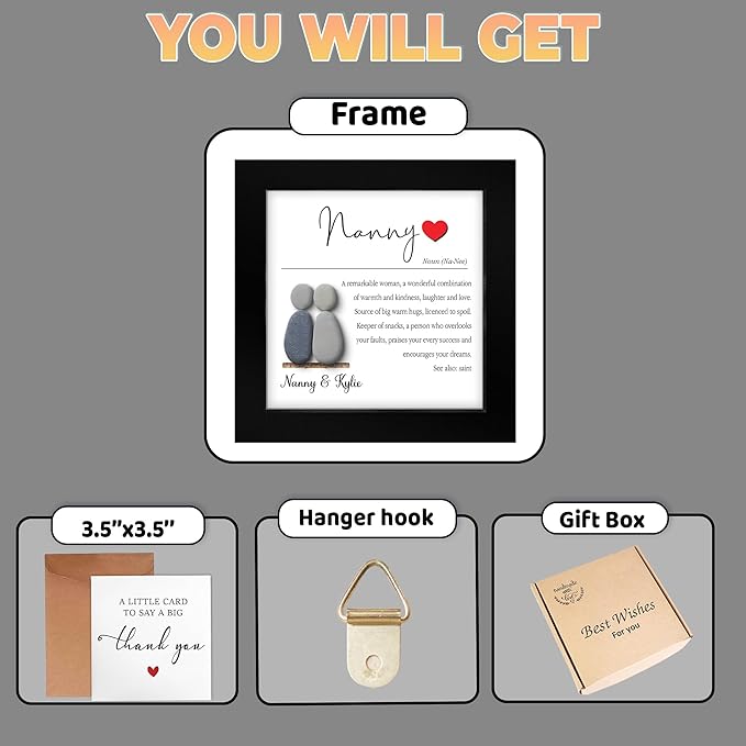 Personalized Grandma Pebble Art Frame, Custom Grandma & Daughter or Son Wooden Plaque with Natural Stone, Best Nanny Frame Gift for Mother’s Day, Meaningful Gifts for Nana, Women, Home Decoration