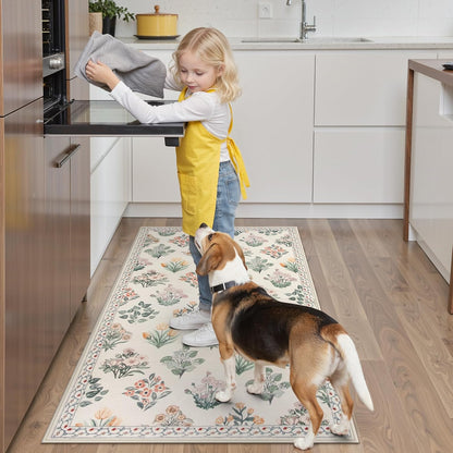 Wonnitar Floral Machine Washable 3x5 Rug, Small Area Rug for Kids Bedroom Nursery, Ultra-Thin Non Slip Soft Moroccan Throw Carpet for Dorm Living Room Large Entryway, Cream Beige