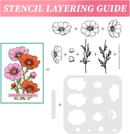 ORIGACH Realistic Cosmos Flower Layering Stencils Set for Card Making, Coreopsis Flower Stencil Template Silicone Stamps and Die Sets for Scrapbooking DIY Crafting