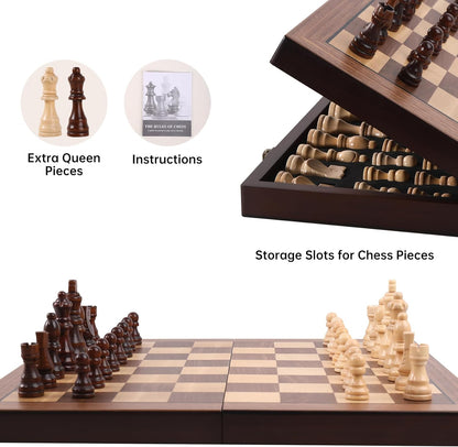 Premium Wooden Chess Set with Protective Carry Bag - 15" Folding Chess Board & Chess Pieces - Classic Strategy Game for Adults & Kids for Chess Lovers, Beginners
