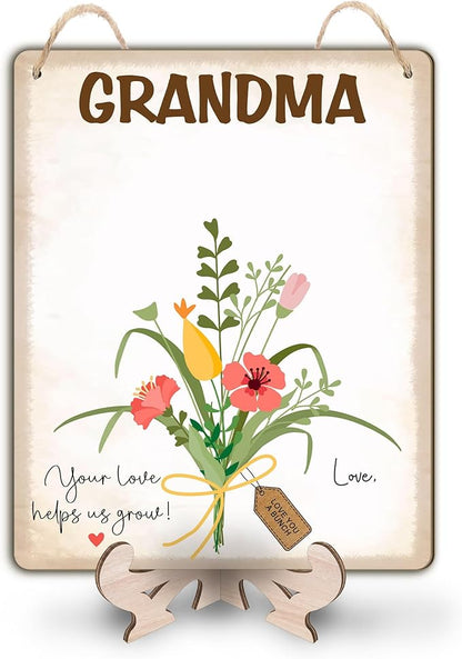 Custom DIY Baby Handprint Flowers Wooden Hanging Sign, Personalized Flowers for Grandma with Kids Handprint, Baby's First Mothers Day Gifts for Grandma, Kids Art Craft, Thanks for Helping Us Grow