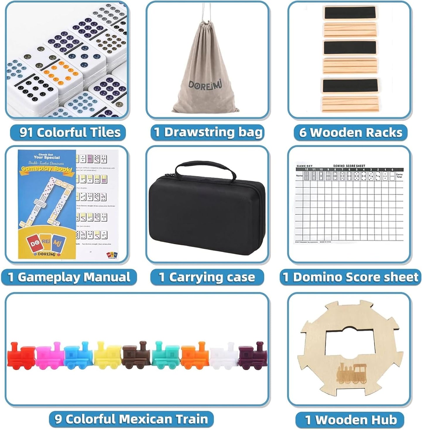 Mexican Train Dominoes Set with 6 Wooden Holders, Double 12 Colored Dot Dominoes with Update Hub, Travel Train Game with 91 Tiles and Portable Carry Case, Family Board Team Games