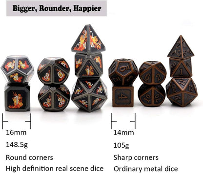 Haxtec Fire Bolt Real Scene Metal DND Dice Set Black Polyhedral Metal Dice for D&D Compatible with Dungeons and Dragons Gifts TTRPG Games-Dark Fire