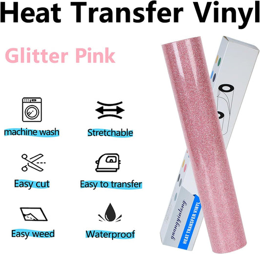 guangyintong Glitter Pink Heat Transfer Vinyl HTV Rolls, 12" x 8ft Iron on Vinyl for T-Shirts Glitter Pink HTV Vinyl for All Cutter Machines Easy to Cut & Weed for Heat Vinyl Design