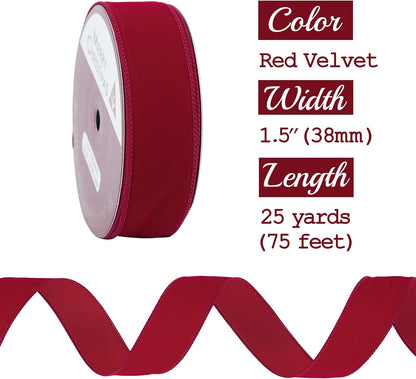 MEEDEE 1.5 Inch Velvet Wired Ribbon - 25 Yards Dark Red, Perfect for Christmas Tree, Wreaths & Bows - Crafty Corner