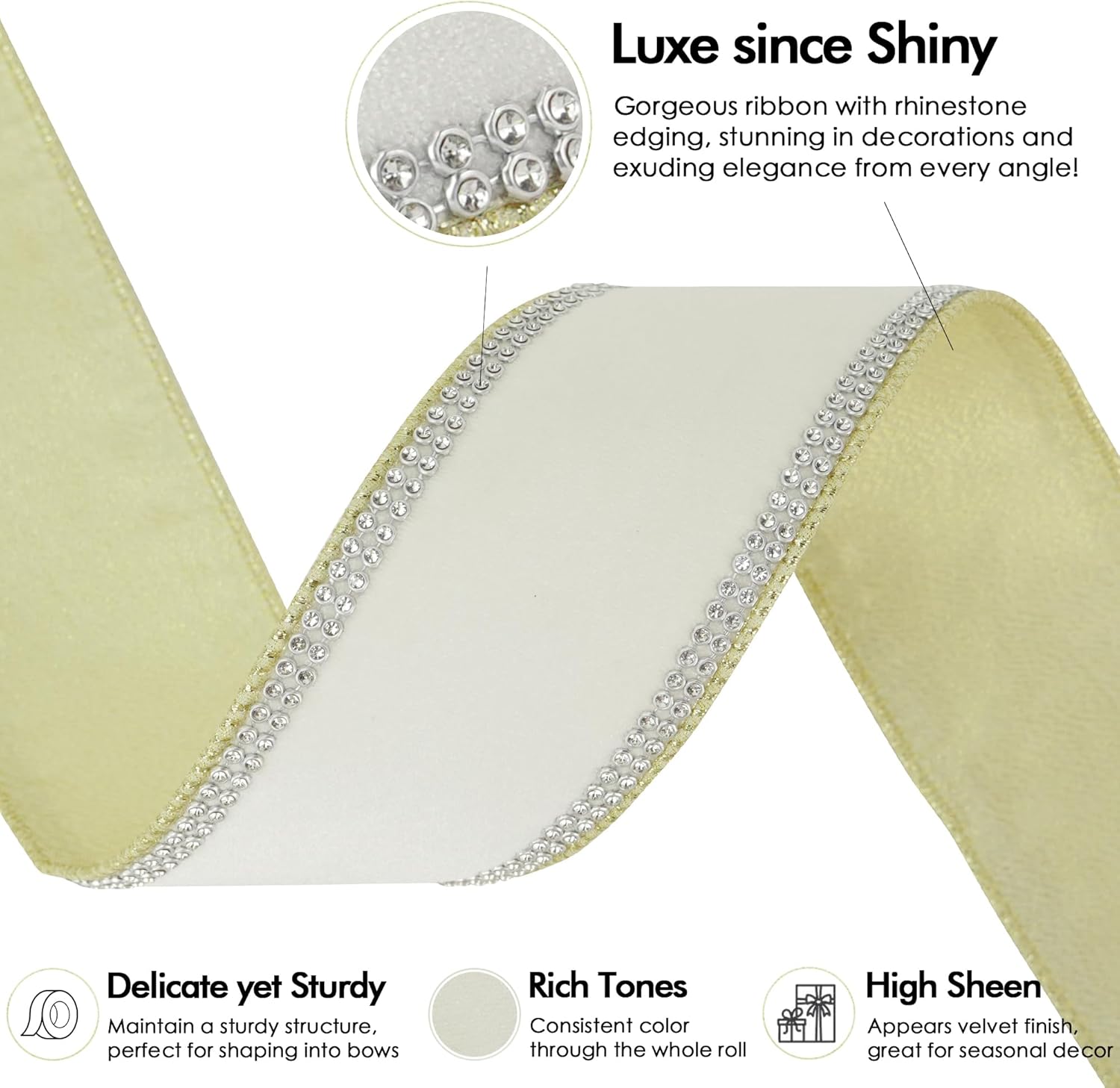 MEEDEE Gold & White Velvet with Rhinstone Edge Wired Ribbon 2.5 Inch Luxury Jeweled Ribbon 5 Yards Sparkling Rhinestone Trim for Christmas Tree, Garland, Wreaths, Holiday Home Decor, Wedding Decor - Crafty Corner