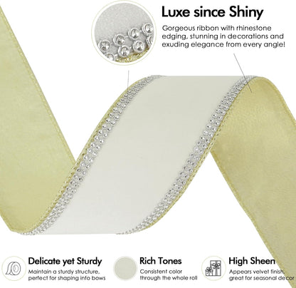 MEEDEE Gold & White Velvet with Rhinstone Edge Wired Ribbon 2.5 Inch Luxury Jeweled Ribbon 5 Yards Sparkling Rhinestone Trim for Christmas Tree, Garland, Wreaths, Holiday Home Decor, Wedding Decor - Crafty Corner