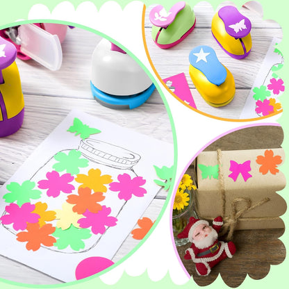 CHENGU 16 Pcs Craft Holes Punch Paper Punchers Scrapbook Punches with Craft Sticker Paper, Round, Star, Square, Heart, Flower, Wave Circle Shape (1 Inch,Fresh Style) - Crafty Corner