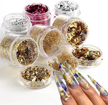 6 Bottles Holographic Nail Glitter Foils, Metallic Gold Silver Hot Pink Ultra-Thin Aluminum Foil Flakes for Nails, Resin Jewelry Making, Painting Art Nail Supplies DIY Manicure Charms Decorations
