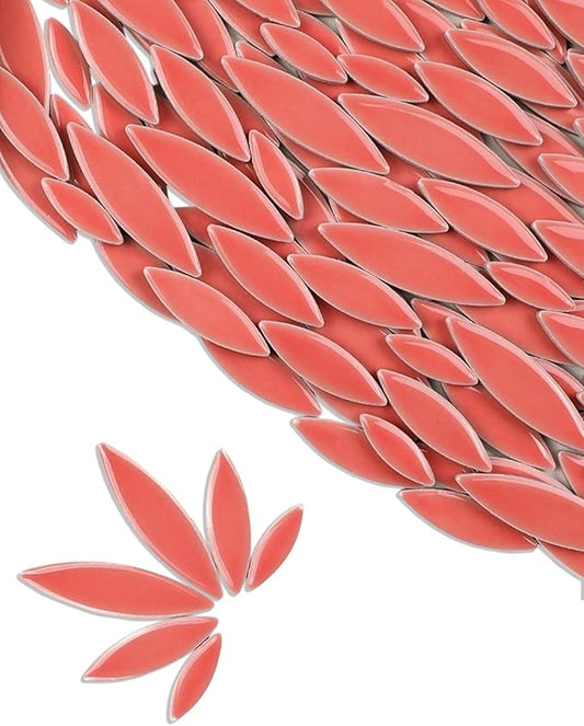 200g Ceramic Petals Bulk Mosaic Tiles for Craft, Small Oval Stepping Stone Kit, Glazed Porcelain Pieces for Coaster Tray House Number Mirror Lamp Home Decorations (Red)