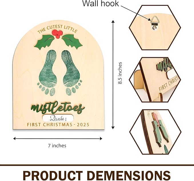DIY Baby Footprint Keepsake Board with Name Box - Pen/Paint Not Included, Personalized Baby’s First Christmas 2025, Mistletoes Footprint Art, Nursery Footprint Decorative for Baby Shower Newborn
