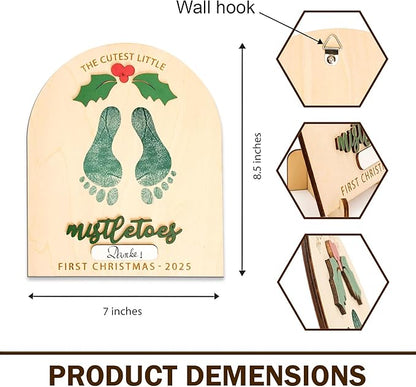 DIY Baby Footprint Keepsake Board with Name Box - Pen/Paint Not Included, Personalized Baby’s First Christmas 2025, Mistletoes Footprint Art, Nursery Footprint Decorative for Baby Shower Newborn