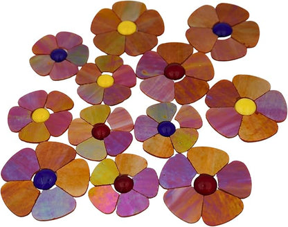 Yuvori Iridescent Flower Mosaic Tiles – 12pcs Mixed Sizes, 5-Petal Iridescent Mica Flowers with Center Beads for DIY Mosaic Art, Fairy Garden, Home Craft, Outdoor Decor (Iridescent Orange)