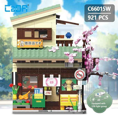 CaDA Japanese Style Cat Grocery Store House Building Set, Master C66015W City Street Brick Kit with Lights, 8921PCS Modular House Idea Gift for Adults