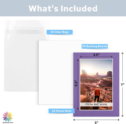 Mat Board Center, Pack of 50, 5x7 for 4x6 Mix Color Mat Kit - Acid Free, 4-ply Thickness, White Core - Includes Backing Boards and Clear Bags - for Pictures, Photos, Framing