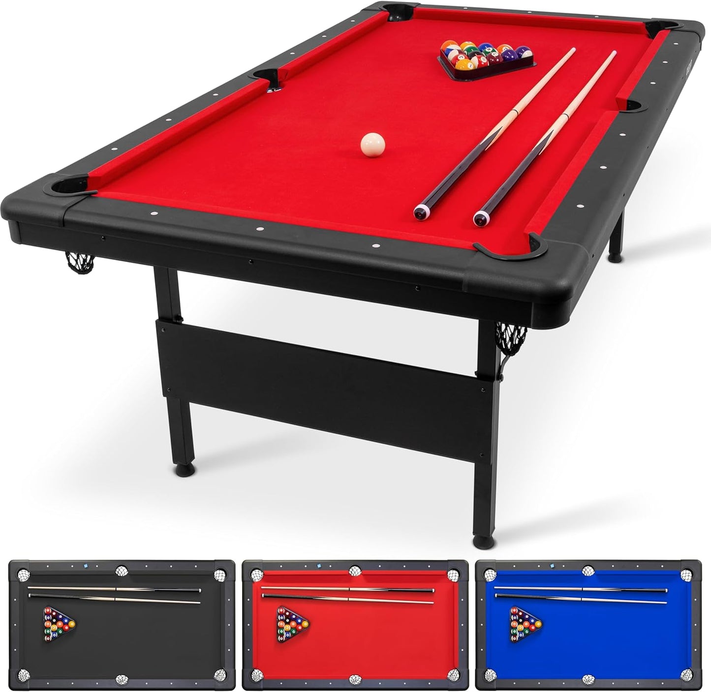 GoSports 6, 7, or 8 ft Billiards Tables - No Assembly, Choose Your Color - Portable Pool Table Includes Full Set of Balls, 2 Cue Sticks, Chalk and Felt Brush