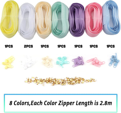 Zippers by The Yard for Sewing, DOITEM 2.8 mm Zippers 22.4 m Nylon Endless Zip Set with Slider and Zip for Sewing and Crafts – 7 Colors