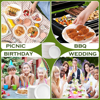 White Paper Plates 7 Inch (Round,150 Count) Heavy Duty Disposable Dinner Plates Bulk, Small Compostable Dessert Dishes for Party, BBQ and Gathering, Microwave-Safe/Sturdy/Leak Resistant