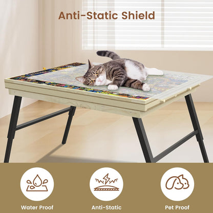Large Puzzle Board & Puzzle Table with Folding Legs and Drawers 36″ × 26″ Tilt Tabletop for 1500 Piece Puzzle Board, Portable Ergonomic Puzzle Table for Family Bonding & Cognitive Therapy