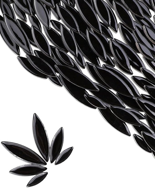 200g Ceramic Petals Bulk Mosaic Tiles for Craft, Small Oval Stepping Stone Kit, Glazed Porcelain Pieces for Coaster Tray House Number Mirror Lamp Home Decorations (Black)