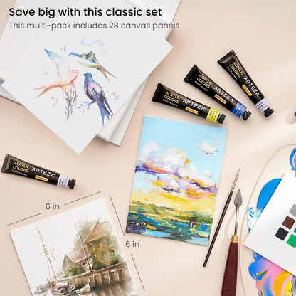 ARTEZA Canvas Boards for Painting, 6 x 6 Inches, Pack of 28, Blank White Small Canvas Panels for Acrylic, Oil and Gouache Painting