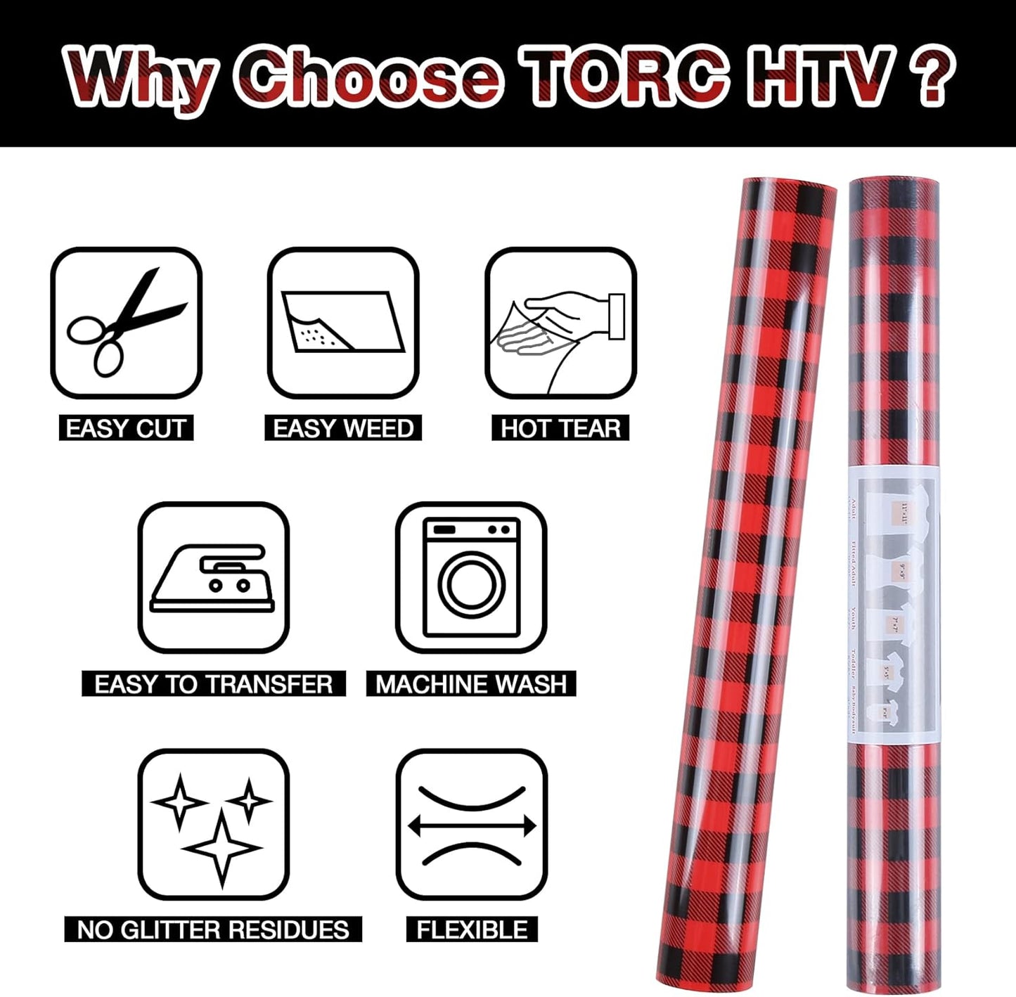 TORC Red Black Buffalo Plaid HTV Vinyl 12 inch x 5 ft, Check Heat Transfer Vinyl Iron on Transfers for Christmas