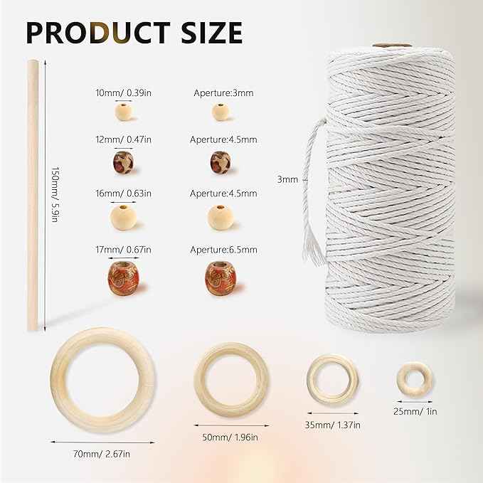 227pcs Macrame Kits 3mm 115yards Wall Hanging Natural Cotton Macrame Cord with Wooden Beads & Rings Wooden Sticks, Metal S-hooks Supplies for Hanging Plant Hand Tassel weaving