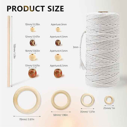 227pcs Macrame Kits 3mm 115yards Wall Hanging Natural Cotton Macrame Cord with Wooden Beads & Rings Wooden Sticks, Metal S-hooks Supplies for Hanging Plant Hand Tassel weaving